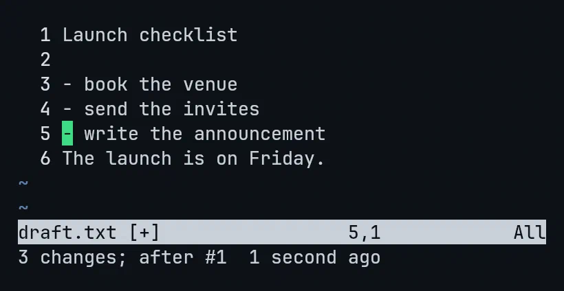 The recovered line back in the file, with Vim reporting: 3 changes; after #1