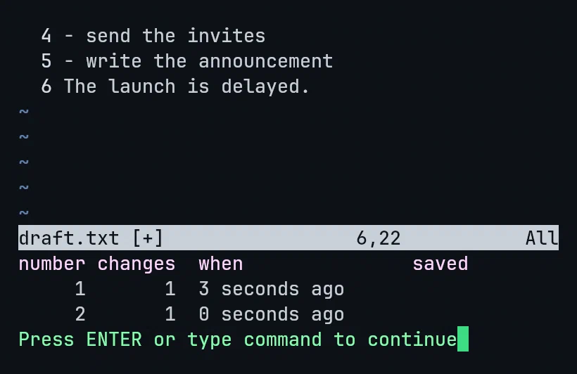 Vim’s undolist showing two separate undo branches with different timestamps