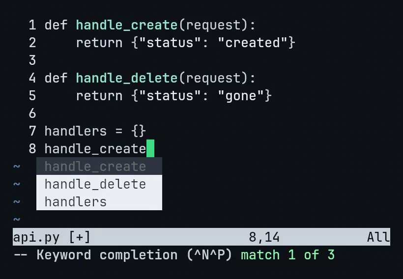 Vim showing a real completion popup with three matching words and the status line reading: Keyword completion, match 1 of 3
