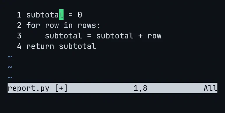Vim after cgn and three dots: every occurrence of total renamed to subtotal