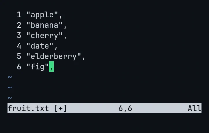 Six lines each wrapped in quotes with a trailing comma, done with one macro