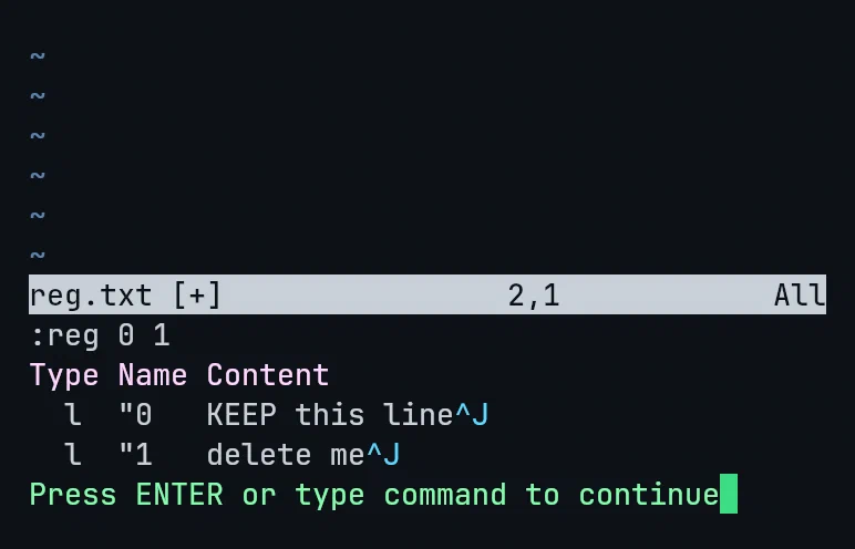 Vim showing register 0 holding the yanked line and register 1 holding the deleted line
