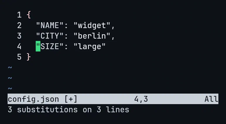 A JSON snippet with every key upper-cased in one command